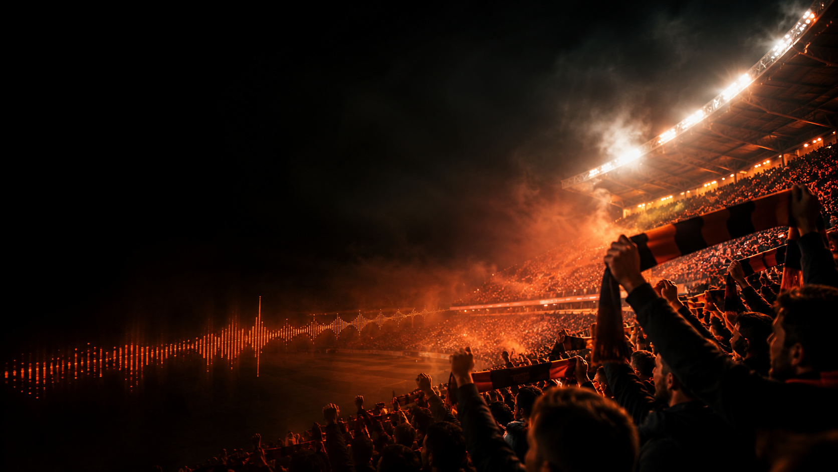 Stadium at night, scarves aloft, soundwave glowing across the pitch